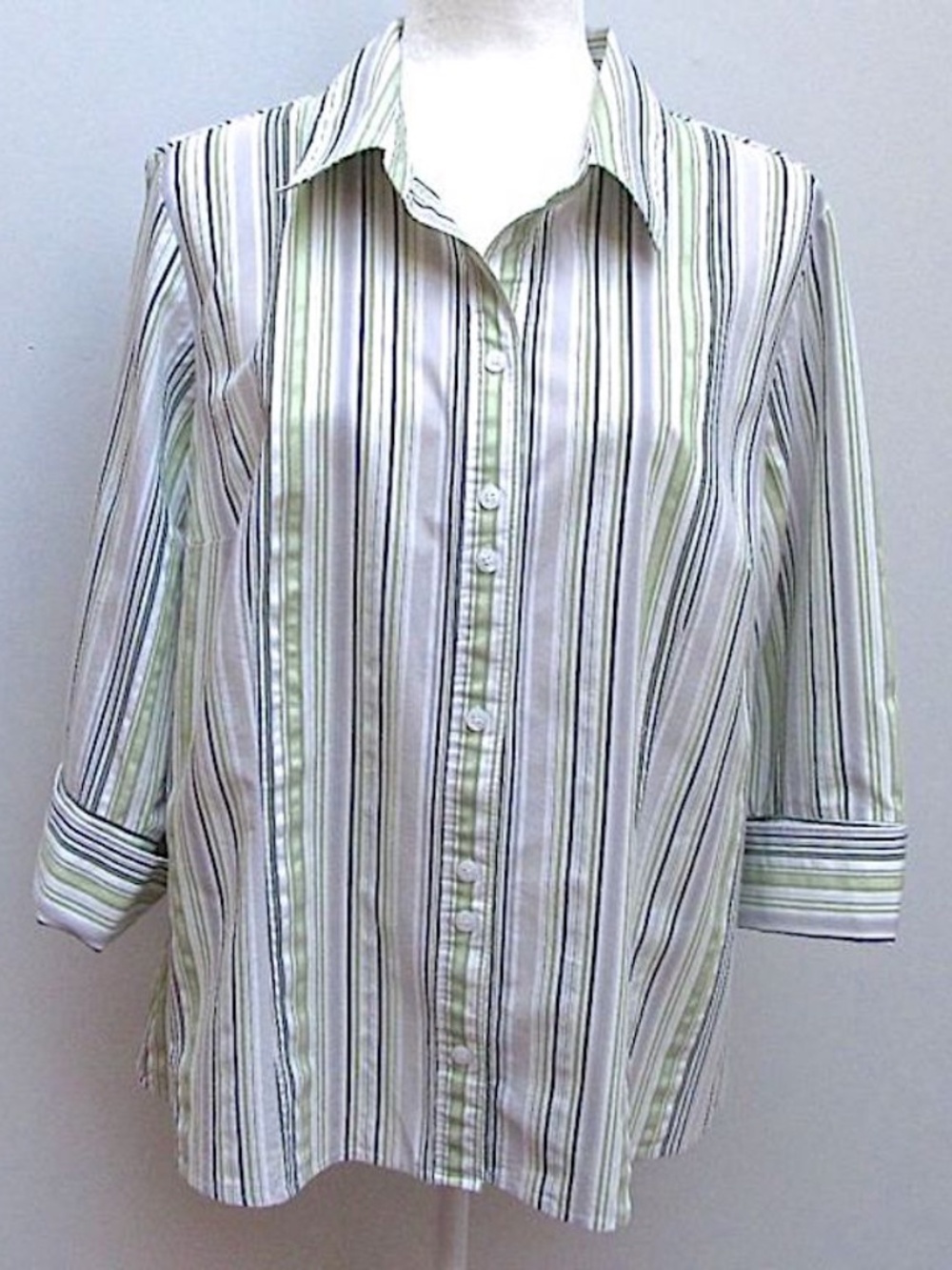 Studio 1940 Button-Up Shirt Lime Green Gray Striped Cotton Spandex Size 18/20